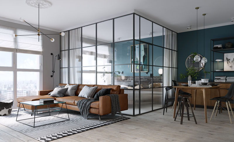 Black Framed Glass Walls Separate The Bedroom In This Kiev Apartme