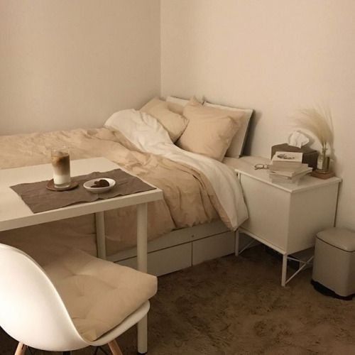 korean bedroom aesthetic room decor seoul beige coffee cream milk .