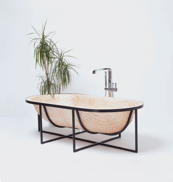 Asian Boat-Inspired Bathtubs Made Of Pressed Woven Veneer - DigsDi