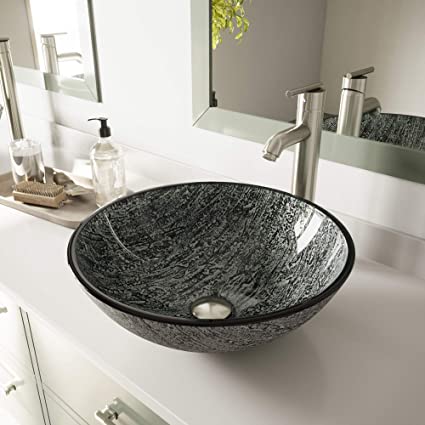 VIGO VG07050 Titanium Glass Vessel Bathroom Sink, Black And Silver .