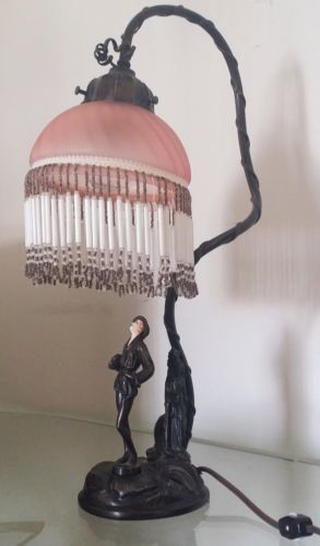 spelter lamp lady w pink glass beaded fringe shade art deco .