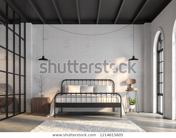 Industrial Loft Bedroom 3d Renderthere White Stock Illustration .