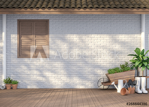 House terrace with garden equipment 3d render,There are empty .