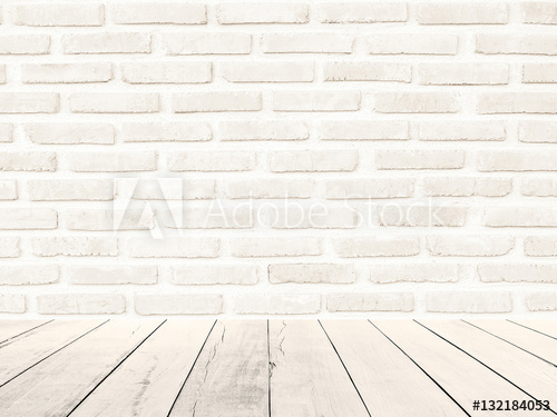 Wood floor and white brick wall Interiors background. Gray cement .