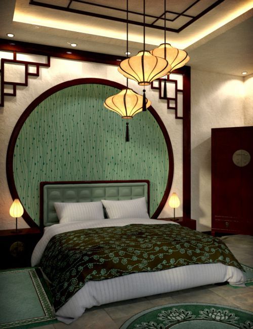 Modern Chinese Bedroom. Love the idea of the dark crown molding .