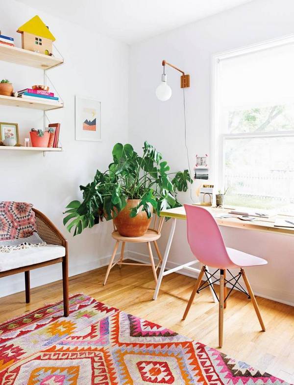 Minimal apartment inspiration: Colorful workspace via Domino Mag .