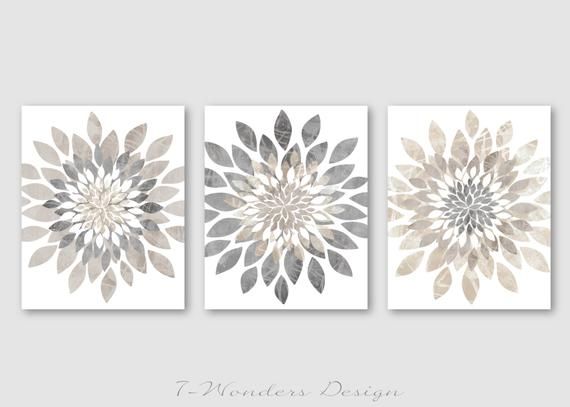 Modern Flower Bursts Neutral Colors Fine Art Print Set of (3) 5x7 .