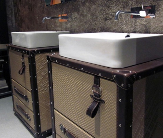 Cosmopolitan Style Bathroom With Suitcase-Like Furniture