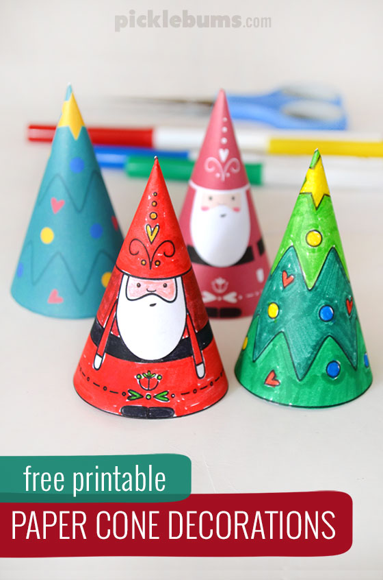 Paper Cone Christmas Decorations - Free Printable - Picklebu