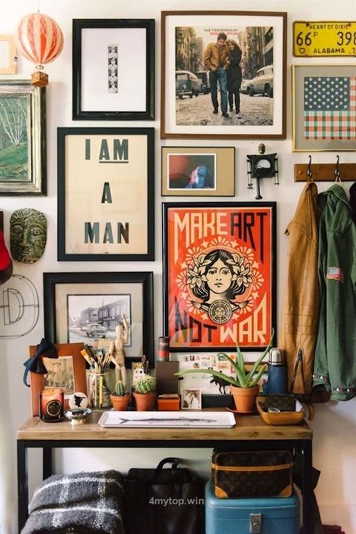Stacked, eclectic wall art helps create a bohemian vibe | The .