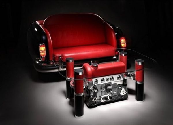 Car parts dismantled to make exquisite coffee tables and sofas .
