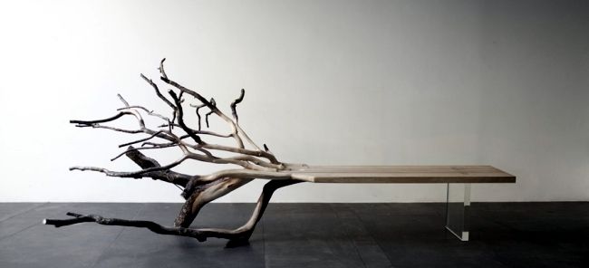 Bench design with natural wood looks like a fallen tree | Autumn .