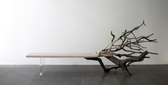 Fallen Tree Bench From Glass And A Real Oak Tree - DigsDi