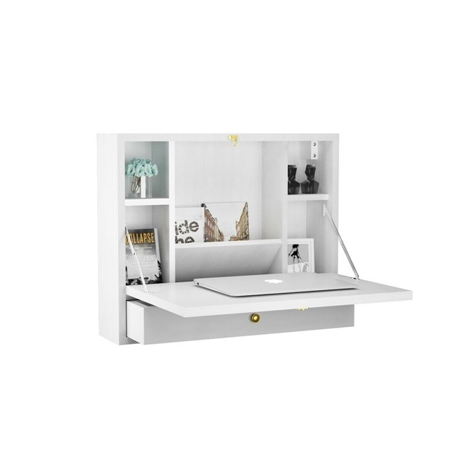 Wall Mounted Folding Laptop Desk Hideaway Storage with Drawer .