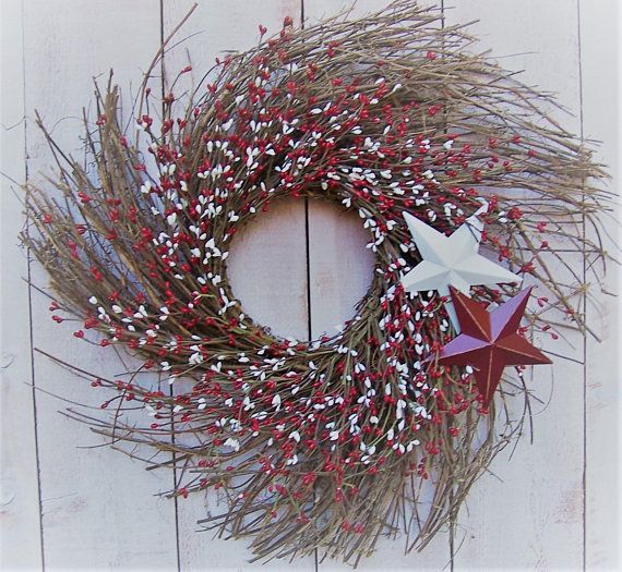 Spring Wreath-REMOVABLE STARS BERRY Wreath Door Decor-Spring Front .