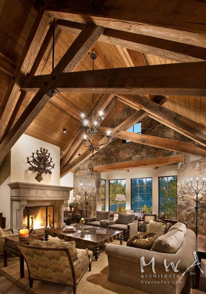 great room, heavy timber trusses, reclaimed wood, wood ceiling .