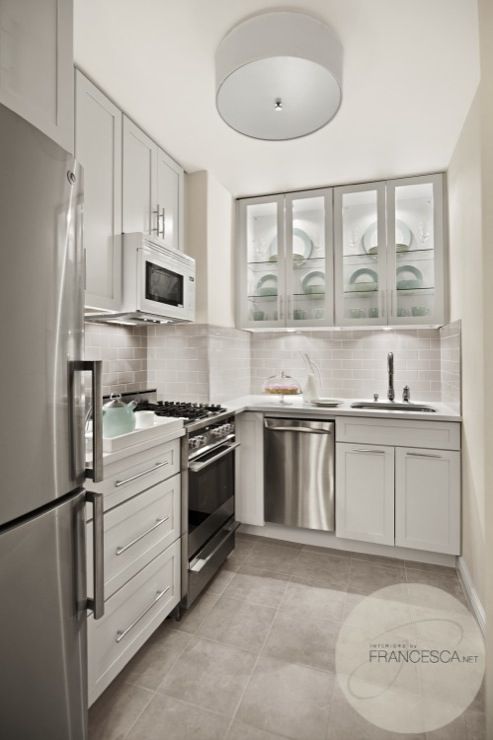 Modern kitchen design with white drum flush-mount pendant, white .