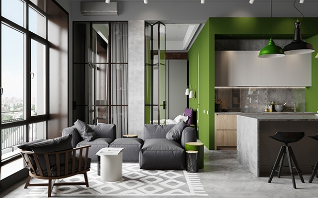 Industrial Chic Apartment With Bold Green Touches - DigsDi
