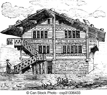 House, swiss chalet, vintage engraving. House, swiss chalet .