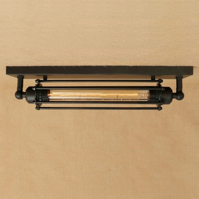 Industrial Tube Flushmount Ceiling Light with Metal Cage in Black .