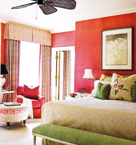 red & green eclectic bedroom design with pink grasscloth grass .
