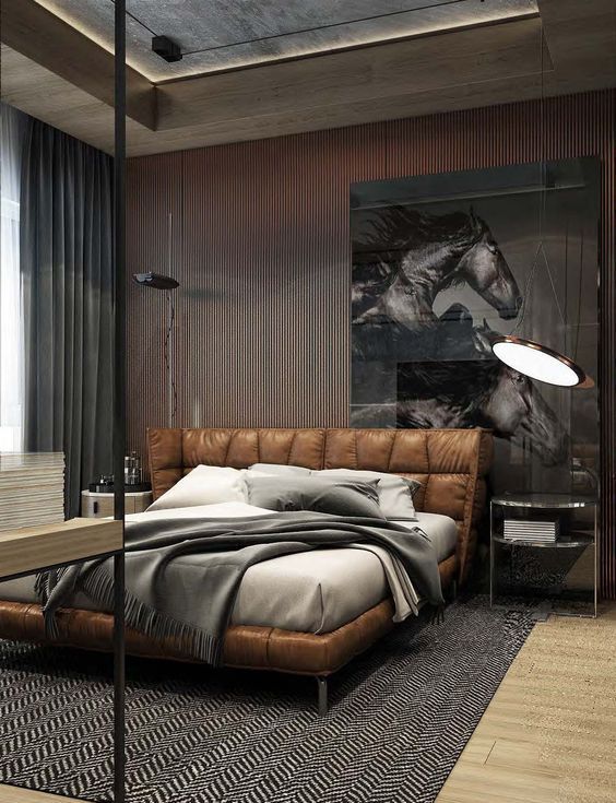 brown leather bed with an upholstered headboard | Luxurious .