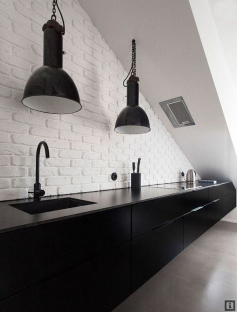 Sleek, minimal black & white galley kitchen | Black kitchens .