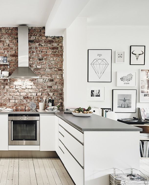 cozy kitchen* brick* white & stainless steel* minimal art black .