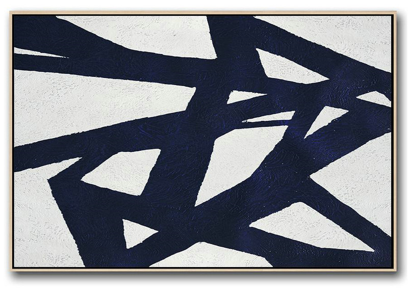 Large Wall Art Home Decor,Horizontal Abstract Painting Navy Blue .