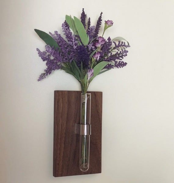 Modern Wall Mount Bud Vase // walnut, stainless steel and glass .