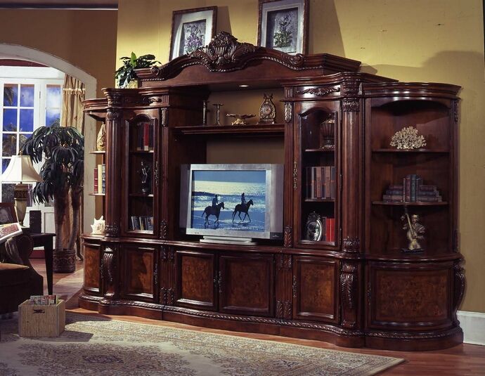 6 pc medium finish wood entertainment center wall unit with carved .
