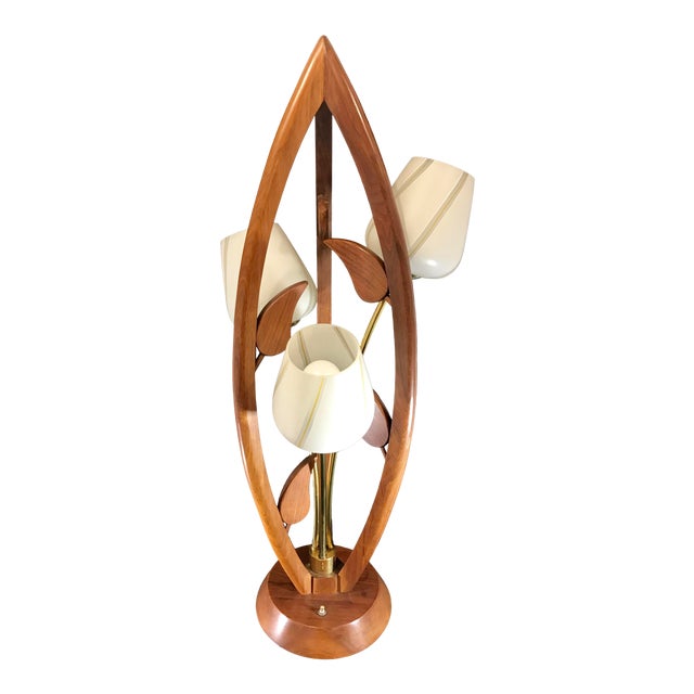 Danish Teak Wood Mid Century Modern Tulip Table Lamp With Original .