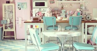pastel American diner kitchen retro vintage interior design pink .
