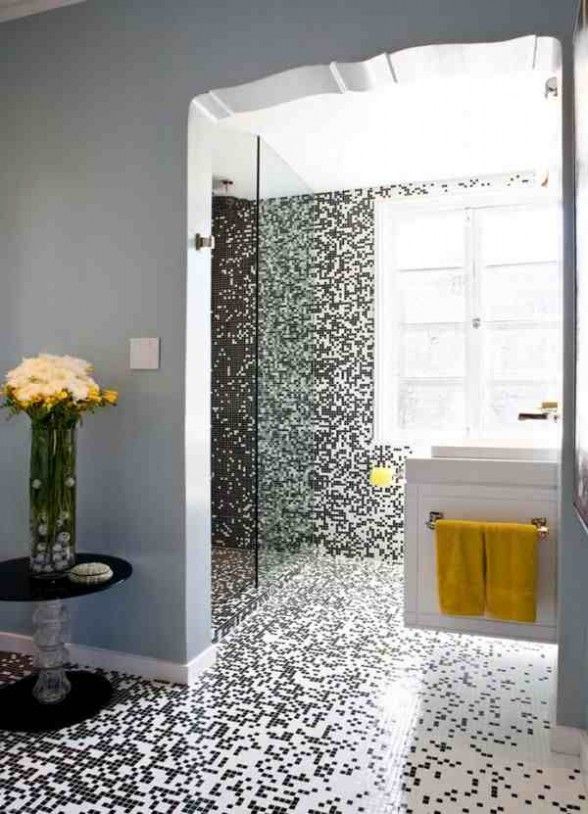 Black white yellow pixilated mosaic bathroom tiles | Custom mosaic .