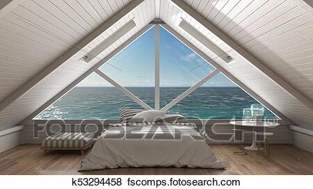 Panoramic window on open sea ocean, mezzanine loft, bedroom with .