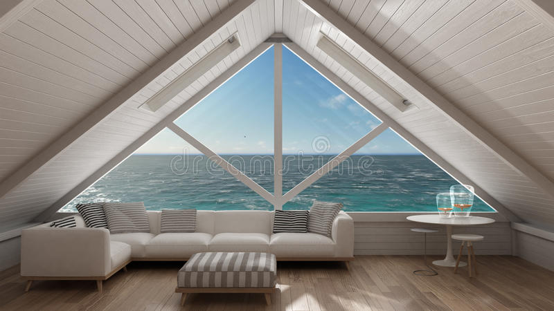 Panoramic Window On Open Sea Ocean, Mezzanine Loft, Living Room .