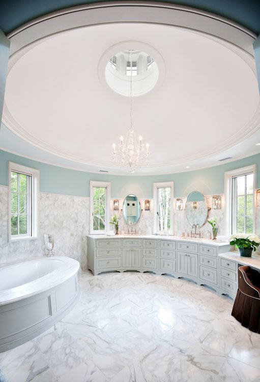 Stunning, romantic round tower bathroom in robin's egg blue and .
