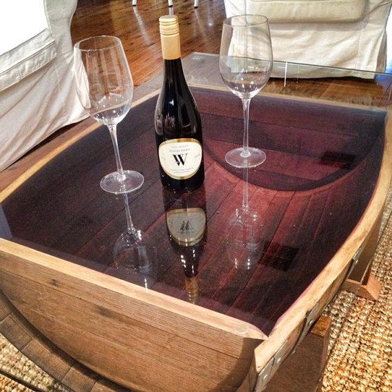 Oak wine barrel coffee table with tempered glass by UpcycledWoodOZ .