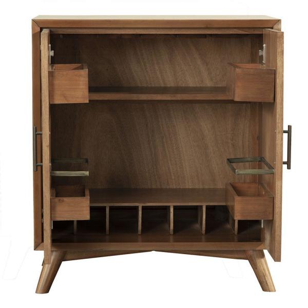 Benjara Wooden Brown Small Bar Cabinet with 2-Doors and Splayed .