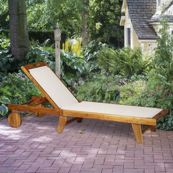 Shop Outsunny Mesh Acacia Wood Adjustable Outdoor Sun Lounger with .