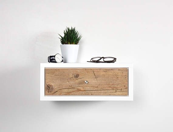 White Floating nightstand bedside table drawer in solid old wood .