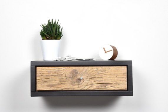 Floating nightstand gray with drawer in old wood scandinavian .