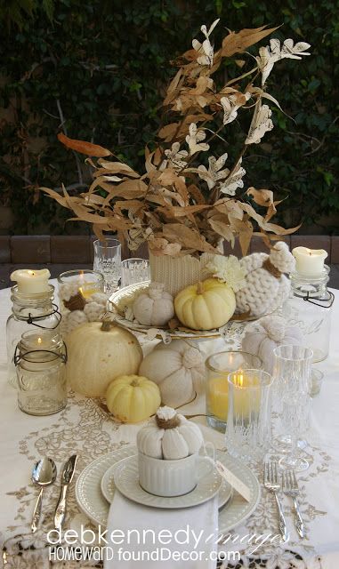 vintage white fall tablescape | Chic thanksgiving decor .