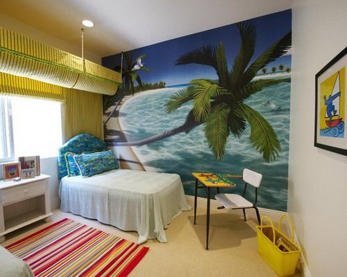 Cool Beach Wallpaper with Cute Bedding Sets and Colorful Carpet in .