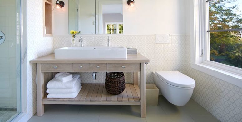 A Bathroom Features A Wooden Vanity And A Great View From A Wide .