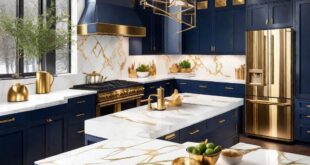 Stylish Blue And Gold Kitchen Design