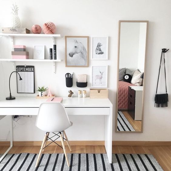 All white modern Scandinavian home office with white and wooden .