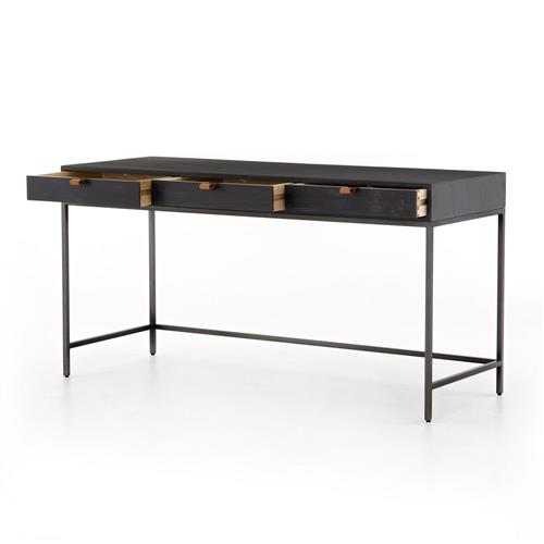 Theodore Industrial Loft Black Wood Iron 3 Drawer Desk | Kathy Kuo .