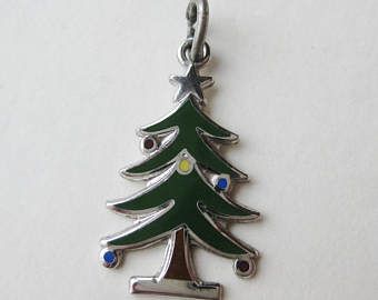 Vintage Wells Sterling Silver Enamel Christmas Tree Bracelet Charm .
