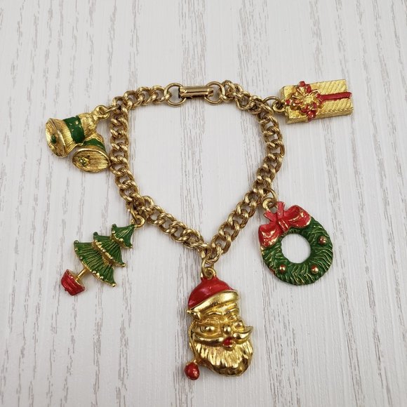 Vintage Jewelry | Christmas Charm Bracelet Gold Tone Enamel | Poshma
